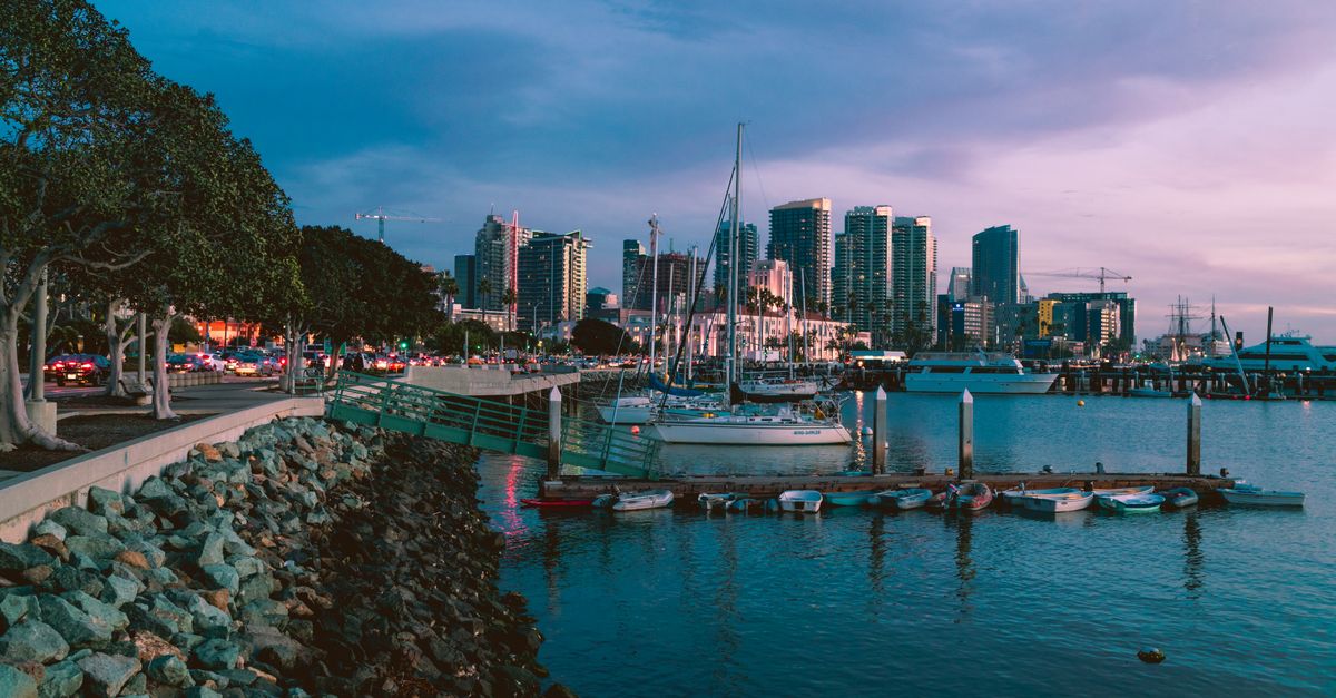 Twilight photo of San Diego marina with skyline and docked boats, capturing urban tranquility.
